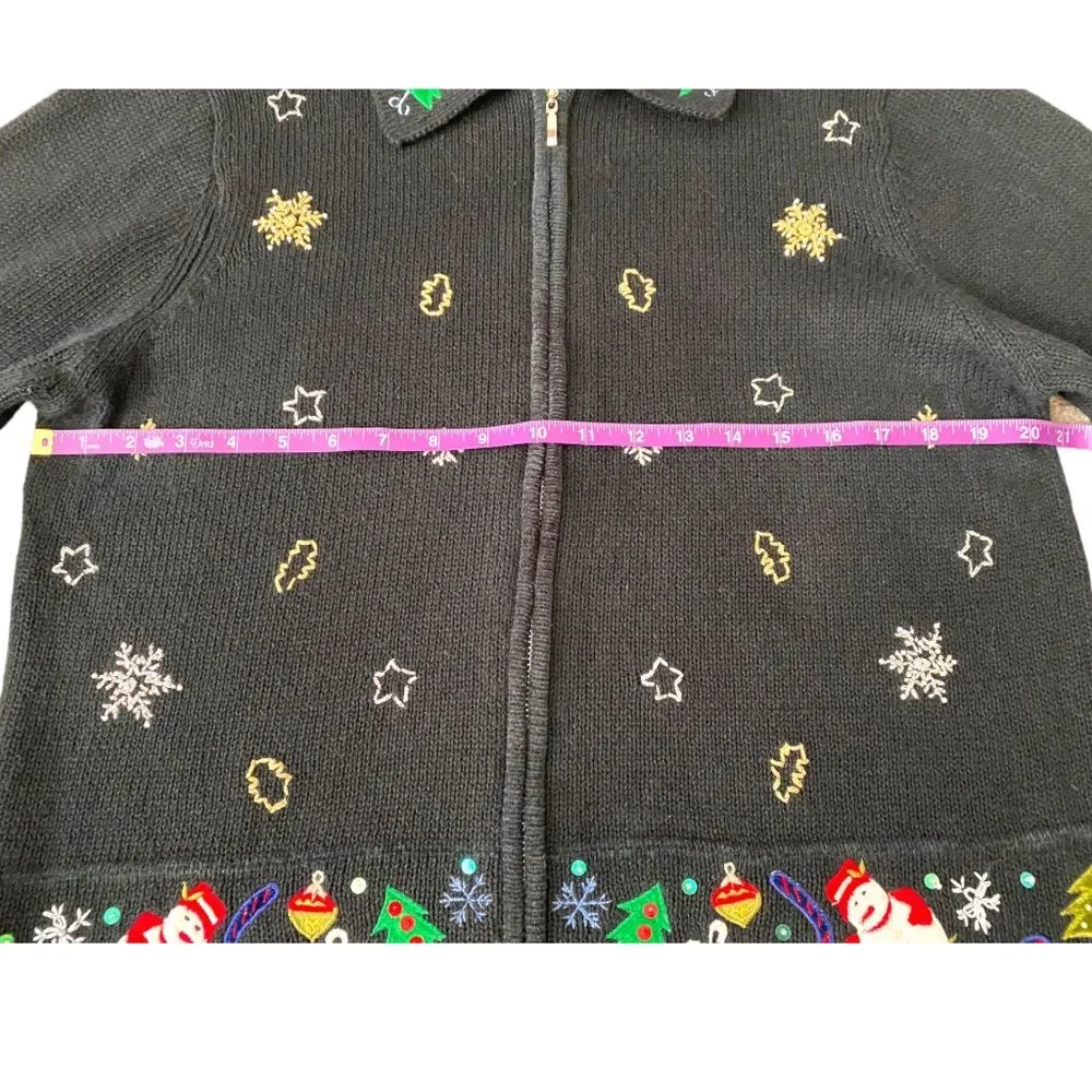 Keren Hart Vintage Embroidered‎ Christmas Zip Up Black Cardigan, Size Large